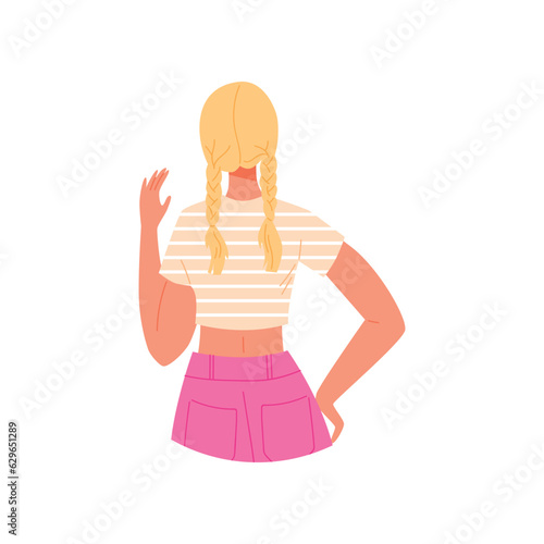 Beautiful young blonde girl with long braids back view, Vector illustration isolated on white background