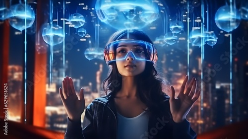 young cute girl in a futuristic world Using VR glasses © ai artlab