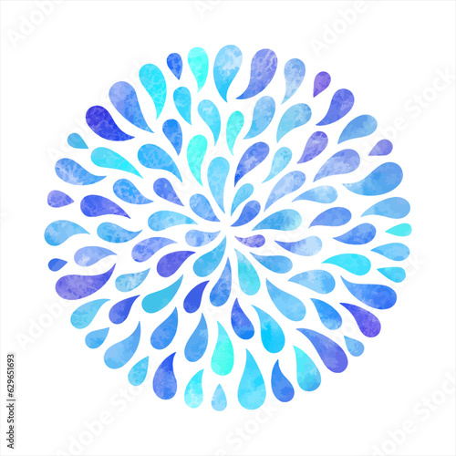 Round shape, circle made of watercolor vector water drops, hand drawn blue droplets, watercolour raindrops. Radial pattern, border, frame template, aquatic design element. Autumn aquarelle background.