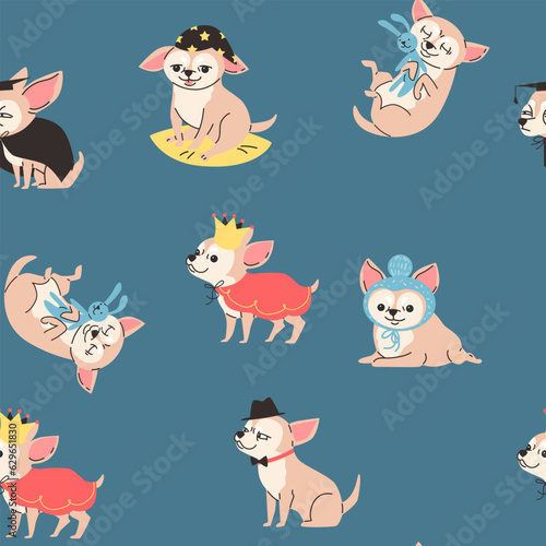 Seamless vector pattern with cartoon cute little smiling chihuahua dog dressed up, like a king, plays, lovely childish