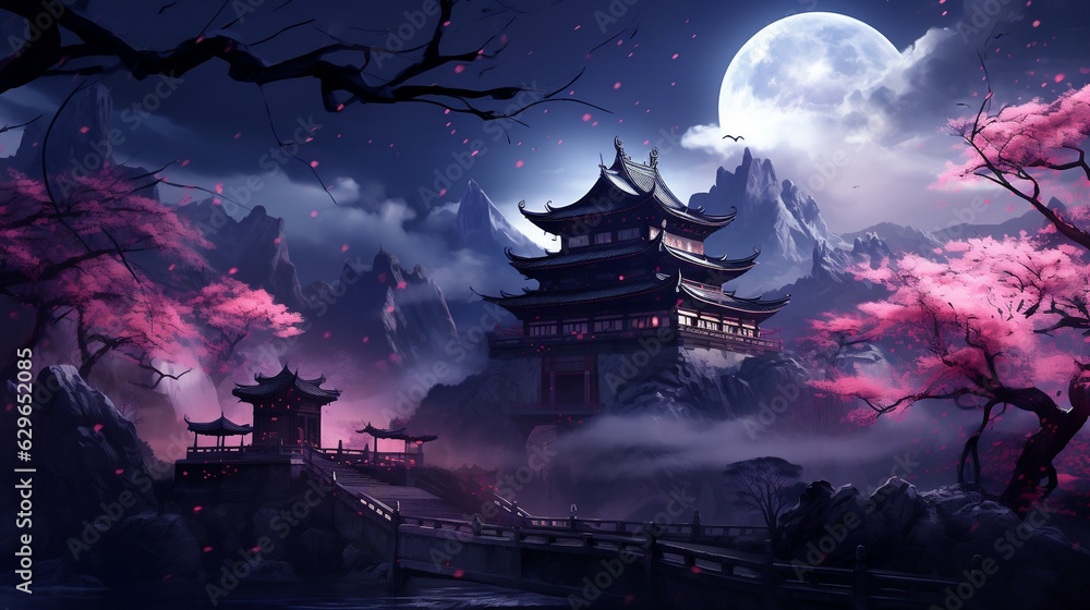 Surreal Gothic Illustration of a Beautiful Tibet Night Scene with Cherry Blossoms, Chinese Temple, and Religious Building