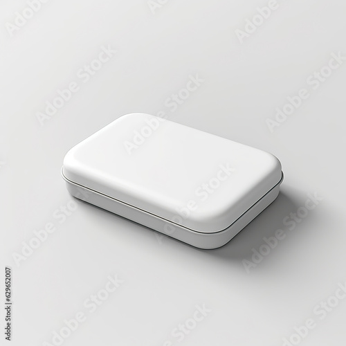 Tin box of mints. White metal box of mint throat candies. White unlabeled box in mockup style. Realistic 3D illustration. Generative AI