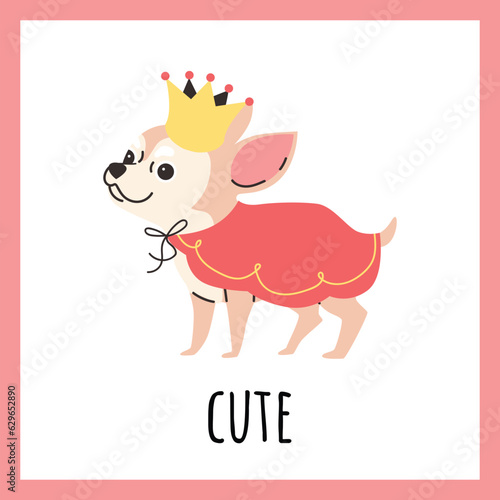 Funny smiling chihuahua dog dressed up with crown and red cape like a king vector illustration on white in a pink frame