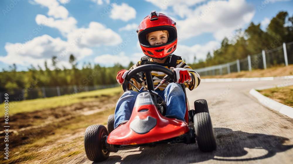 Young Racer: Boy Speeding on Kart Across the Track - obrazy, fototapety, plakaty 