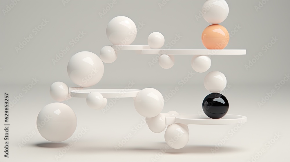 Conceptual image of balance in life. Geometric art installation with a spheres. Modern minimal design. Generative AI. Illustration for brochure, poster, cover, presentation or banner.