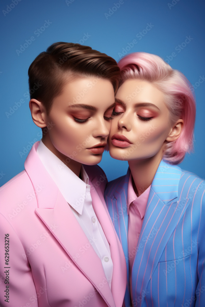 female friends/models/lgbtq + couple in magazine editorial fashion/beauty photo shoot embracing/kissing film photography look - generative ai art female friends/models/lgbtq + couple in magazine editorial fashion/beauty photo shoot embracing/kissing film photography look - generative ai art