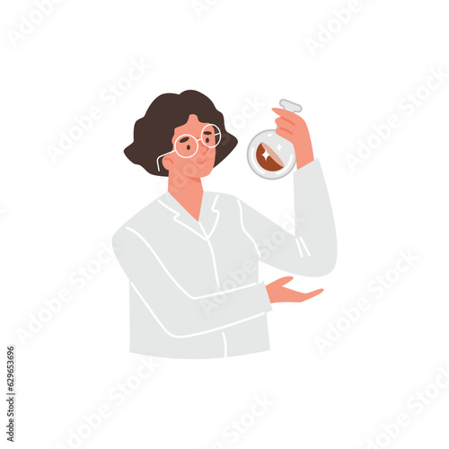 Geologist analyzing soil levels and composition, scientist woman in white coat with vial of liquid vector illustration