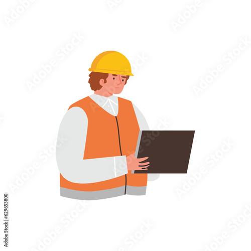 Geologist man in orange helmet and vest writes research data to the tablet, scientist, engineer vector flat illustration