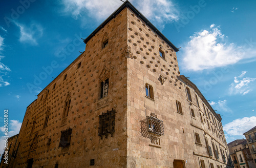 Corner of the renaissance style Casa de las Conchas in Salamanca, world heritage city, Spain