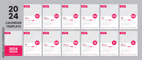 Wall Calendar Template Design for 2024, Week starts from Monday. Calendar design with Place for Photo and Company Logo. Simple, clean, and elegant design for 2024. Set of 12 months.