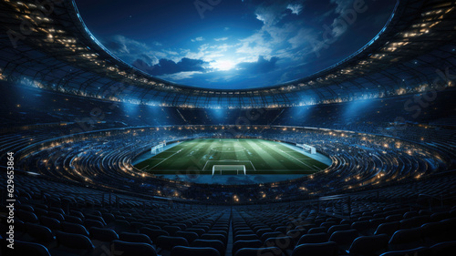 The atmosphere of a large and modern football stadium in the twilight.
