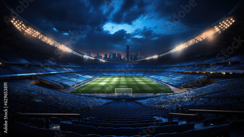 The atmosphere of a large and modern football stadium in the twilight.