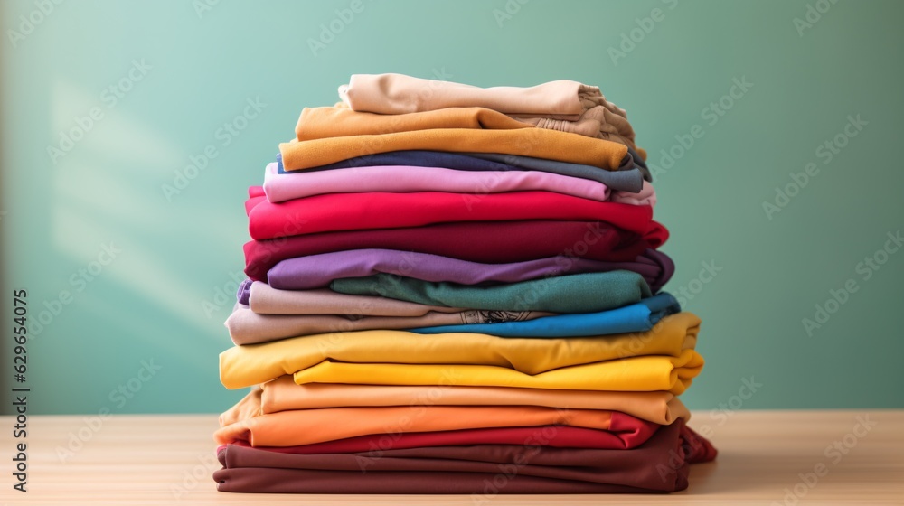 Stack of colorful clothes. Pile of clothing on table empty space background. Laundry and household.
