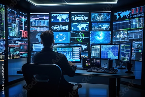A computer security specialist gathers information while sitting in front of multiple monitors. Analytics of security systems and reflection of hacker attacks.
