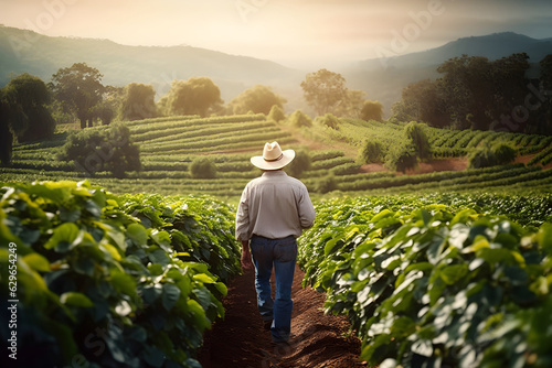 Fotografia Rear view shot of a old male farmer looking at a green coffee field
