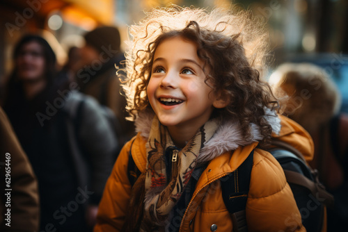 Close up view Profile view of a boy getting on a school bus, excitement of going back to school. Preschool. adolescence. childhood. AI generated illustration