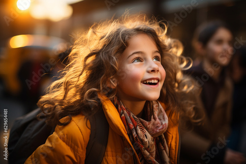 Close up view Profile view of a boy getting on a school bus, excitement of going back to school. Preschool. adolescence. childhood. AI generated illustration