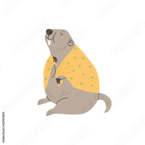 Cute groundhog in yellow cape with closed eyes vector illustration, funny furry marmot with big front teeth, wild animal