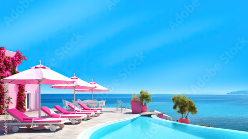 Canvas Print Resort pool with pink beach chairs and pink umbrellas