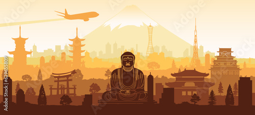 Japan famous landmarks silhouette style with yellow brown and white color,vector illustration