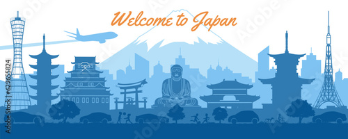 Japan famous landmarks silhouette style with blue and white color,vector illustration