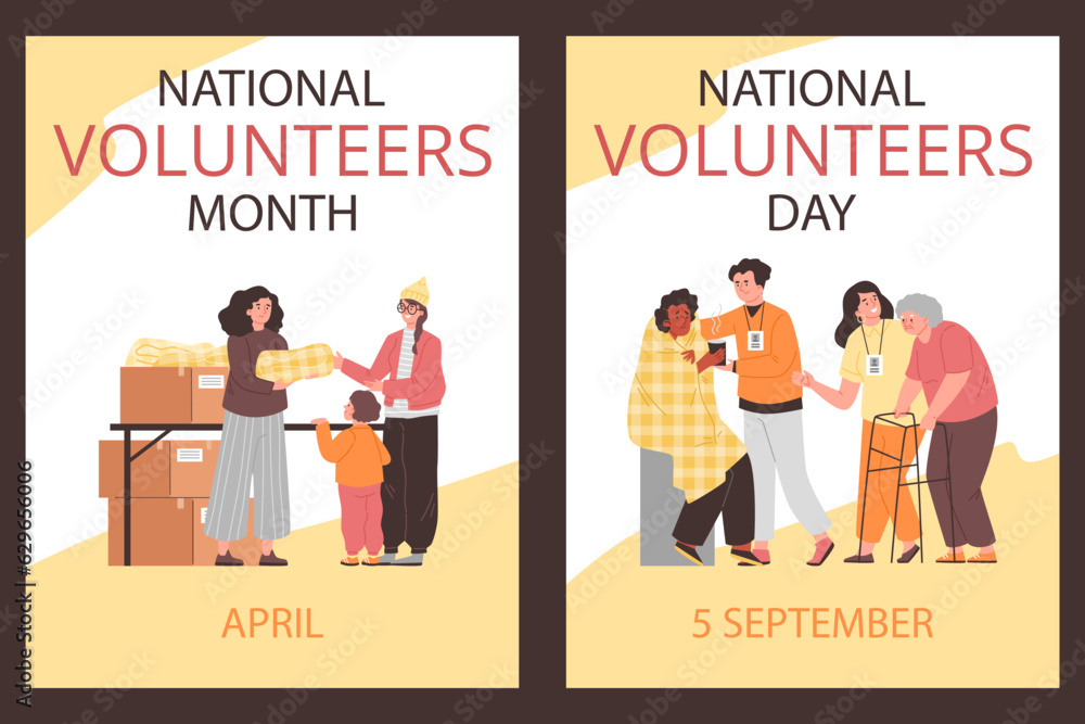 Set of posters or vertical banners about National Volunteers Day and Month Set of posters or vertical banners about National Volunteers Day and Month