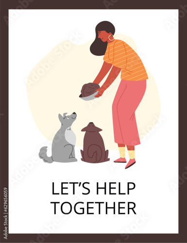 Poster or vertical banner with woman feeding stray dogs flat style