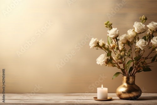 A vase with flowers and a candle on a table. Yom Kippur tradition. Copy space, place for text.