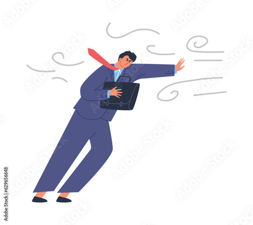 Frustrated man struggle with strong wind storm, striving for success businessman, cartoon flat vector illustration