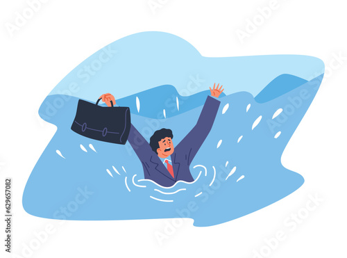 Business man sinking holding briefcase in hands asking for help, risk management in financial crisis storm flat vector