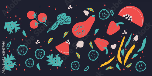 Abstract appetizing Vegetables collection. Decorative abstract horizontal banner with colorful doodles. Hand-drawn modern illustrations with Vegetables, abstract elements.