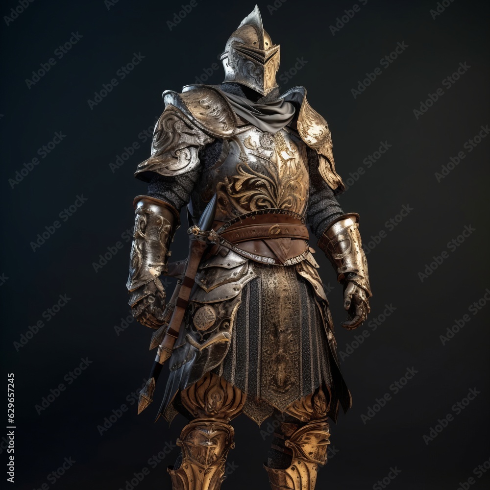 Fototapeta premium Knight in armor against the background of fire, metal armor of a military theme. Game character in the style of dark souls. Soullike armor for games and entertainment. Generative AI