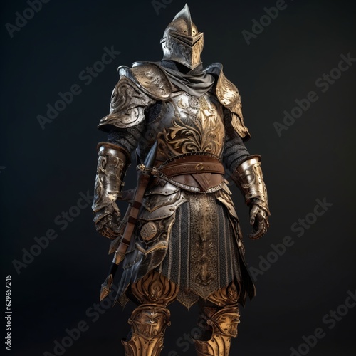 Knight in armor against the background of fire, metal armor of a military theme. Game character in the style of dark souls. Soullike armor for games and entertainment. Generative AI