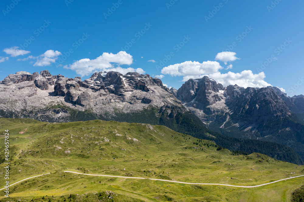 extended panoramic aerial view of the Brenta dolomites in Trentino