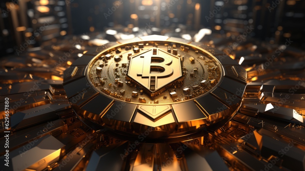 A golden bitcoin surrounded by many shiny bitcoins. Cyber security concept image.