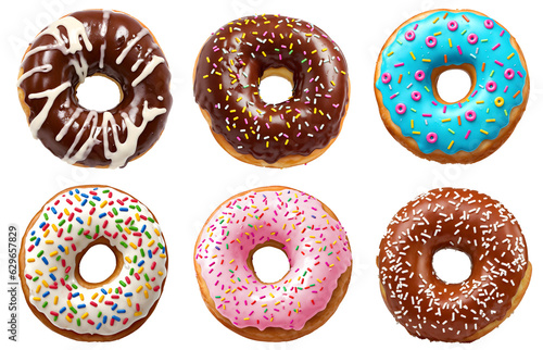 set of donuts, isolated on transparent background cutout - png - different flavors mockup for design - image compositing footage - alpha channel