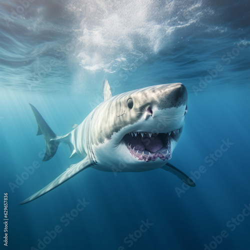 A majestic great white shark gracefully gliding through the deep blue ocean