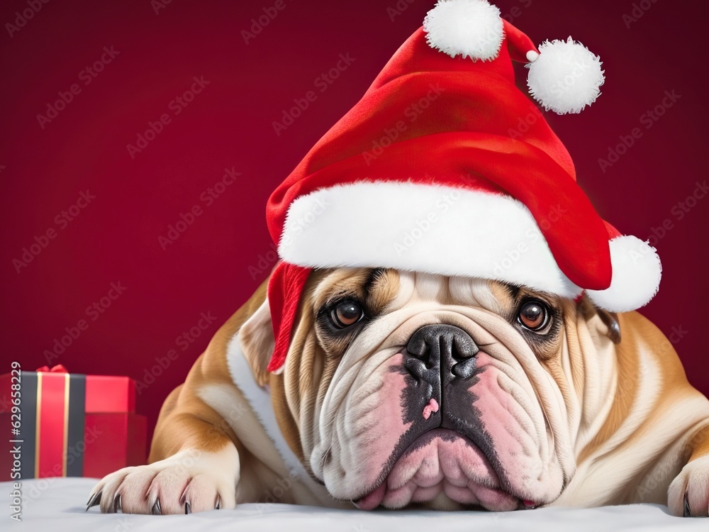 Portrait of an English bulldog wearing a Santa hat. AI generated.
