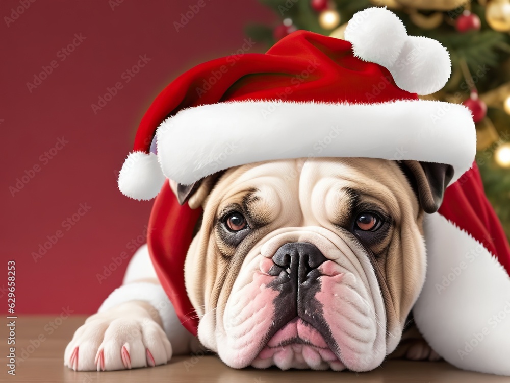 Portrait of an English bulldog wearing a Santa hat. AI generated.