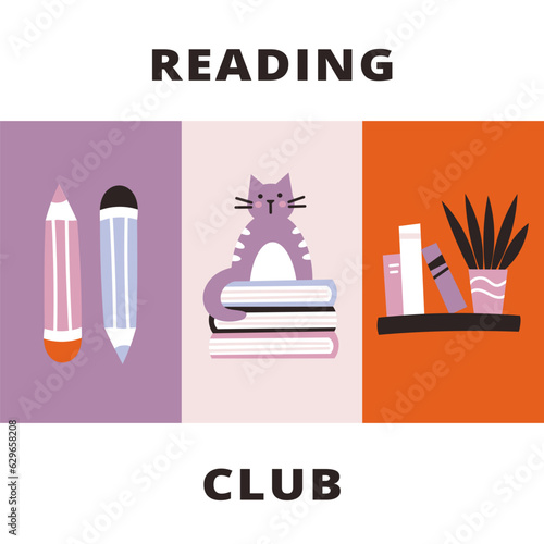 Vector modern illustration. Reading club poster with cute cartoon design elements. 