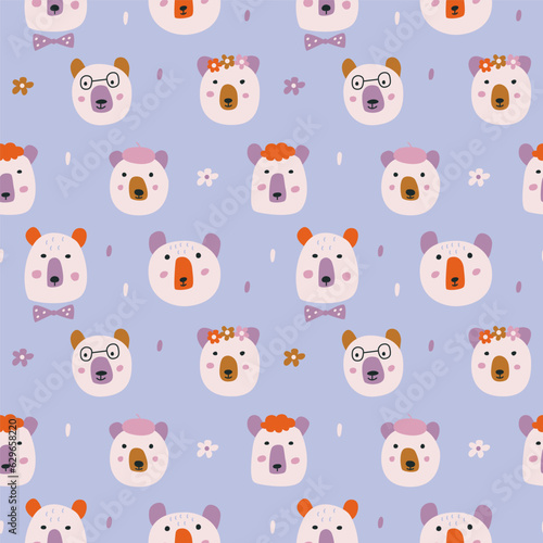 Seamless pattern with cute little bears on blue background. Modern design for fabric and paper, surface textures.