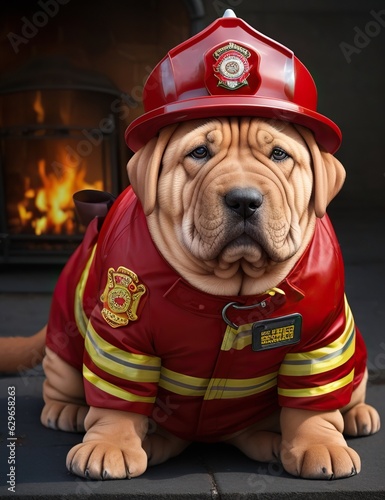 Shar Pei dog dressed as a fireman. AI generated.