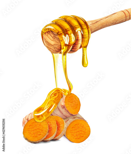 honey dripping  and turmeric root isolated on white background