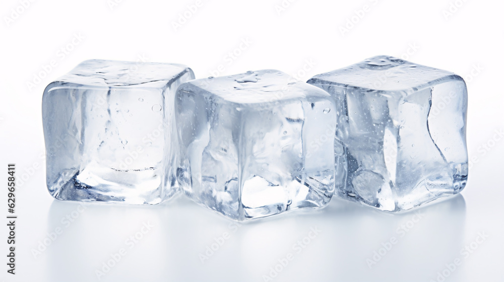 Three fresh juicy ice cubes, isolated on white background. . Three fresh juicy ice cubes, isolated on white background. .