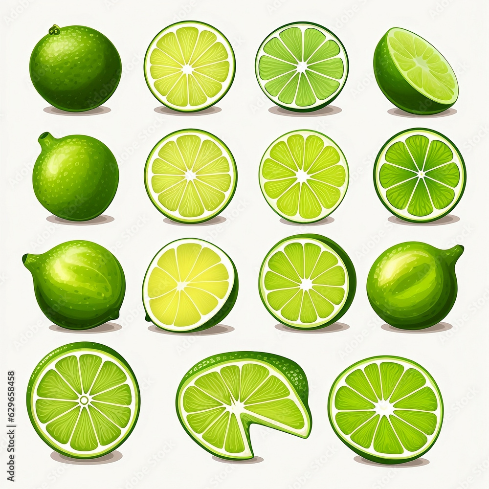 Painted fruit set , painted assortment of lime, several corners and the upper side view cut into strips or in half isolated on a transparent background cutout 