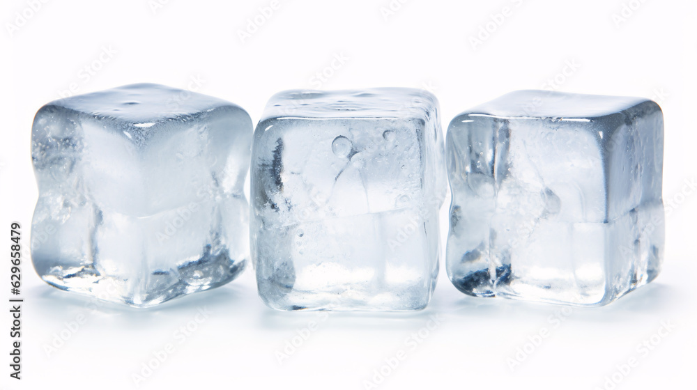 Three fresh juicy ice cubes, isolated on white background. . Three fresh juicy ice cubes, isolated on white background. .