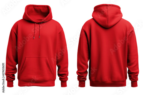 Blank red hoodie in front and back view, mockup, white background, generative ai