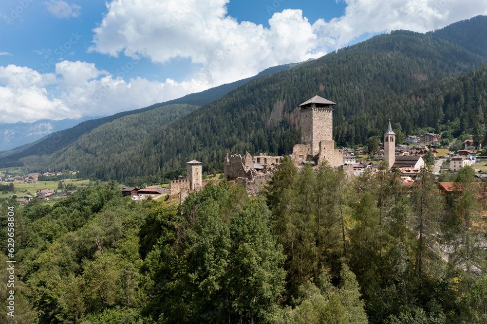 aerial view of the medieval castle of the town of Osanna in Trentino