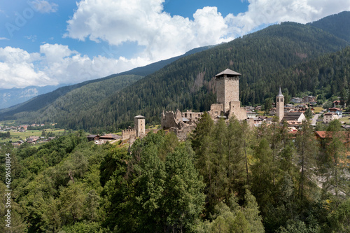 aerial view of the medieval castle of the town of Osanna in Trentino