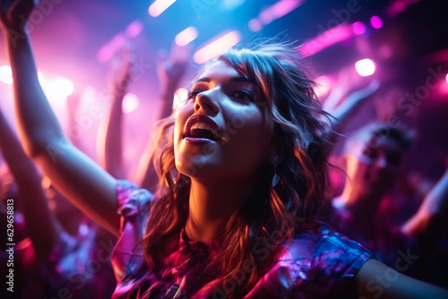 Beautiful happy cute young woman dancing at a nightclub party, disco girl having fun with friends